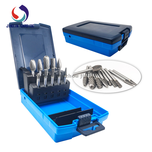 6 mm Shank 10pcs Tungsten Carbide Rotario Burr set con caja de rosa azul